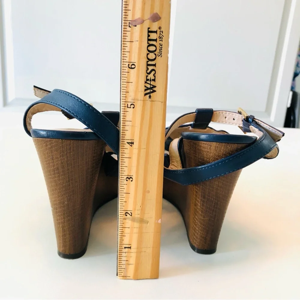 Tommy Hilfiger Navy Blue Platform Wedge Sandals Womens 7 Ankle Strap Preppy